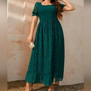 Shirred Square Neck Puff Sleeve Ruffle Hem Dress